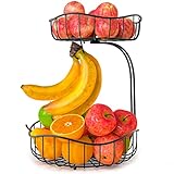 2-Tier Countertop Fruit Basket Fruits Vegetables Storage Bowl Stand Holder with Banana Hanger, Black