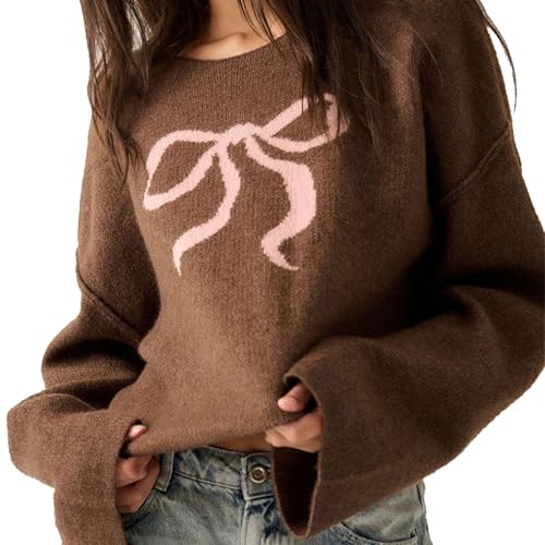 Image of Women Cute Bow Knit Sweater Y2k Long Sleeve Crew Neck Knitted Pullover Top Oversized Going Out Fall Winter Knitwear