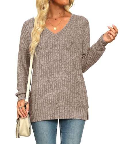 Image of Womens Sweaters V Neck Long Sleeve Shirts Loose Casual Fall Fashion Sweatshirts