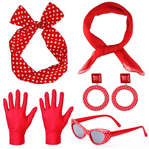 Haichen Set di Accessori per Costume da Donna Anni '50 Sciarpa di Chiffon Pois Bandana Cravatta Fascia Guanti Orecchini Occhiali da Sole retrò Cat Eye (Rosso)
