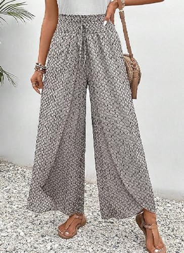 Womens Summer Casual Wide Leg Capris Lounge Pants Casual Floral Drawstring Elastic High Waist Slit Palazzo Pants Trousers2