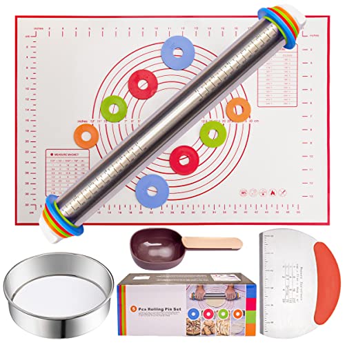 5Pcs Nudelholz Set, COOK A FUTURE enthalten einstellbare dicken Ring Nudelholz, Silikon-Backmatte, Mehlsieb, Spatel, Nudel Löffel, für Backen Teig, Pizza, Kuchen, Gebäck, Pasta Cover