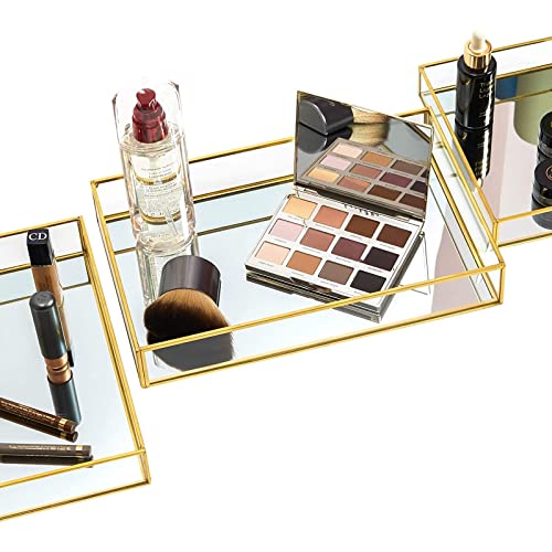 Juvale ACHZY Set Of 3 Gold Mirror Vanity Tray For Perfume, Makeup Display, Decorative Rectangle Glass Jewelry Organizer thumb #7