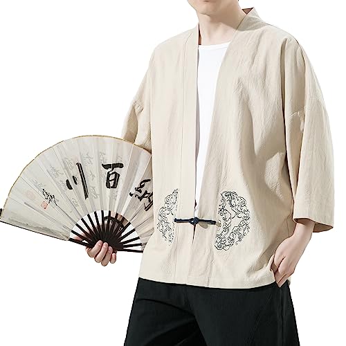 Image of Mens Kimono Cardigan Cotton Linen Japanese Shirt 3 /4 Sleeve Haori Yukata | Skin-Friendly Solid Color Lightweight Shawl Collar Kimono Robe Embroidery Button Tie Pockets Happi Coat All Season Daily Wear