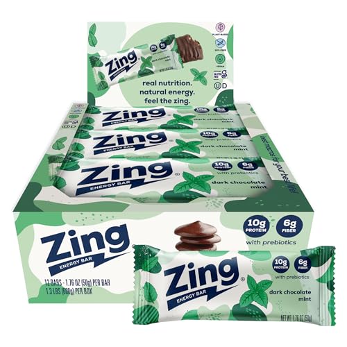 Zing Dark Chocolate Mint Vegan Protein Bars, Gluten Free with High Protein, High Fiber, Dairy Free Nutrition Bars, Plant Based Protein, Kosher, Low Sugar, No Sugar Alcohols - 12 count