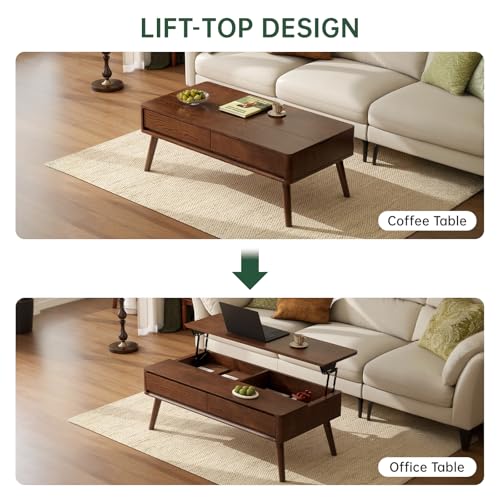 Lift Top Coffee Table,100% Solid Oak Wood Walnut Coffee Table with Drawers and Hidden Compartments, Rectangular Coffee Tables with Storage for Living Room Home Decor (47.24inch) - Image 4