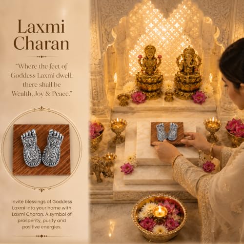 Image of DIVINITI 999 Silver-Plated Laxmi Charan Paduka with Luxury Gift Box | Vastu-Compliant Lakshmi Charan Paduka for Wealth, Prosperity & Positive Energy | Home Temple, Diwali & Housewarming Gift(7X3CM)