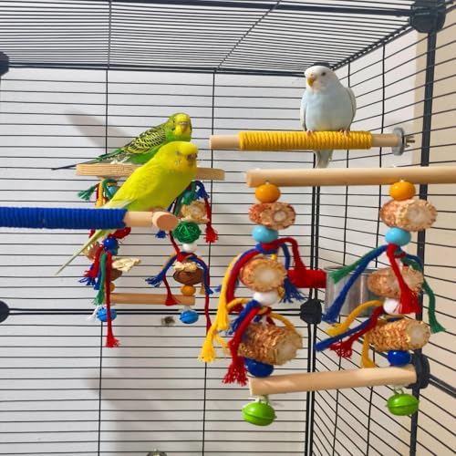 Image of Bird Perches,Natural Wood Birds Stand Branch with Chew Toys,Parakeet Parrot Perch for Cage, Bird Cage Chew Toy & Hanging Toy for Cockatiels Lovebirds Budgies