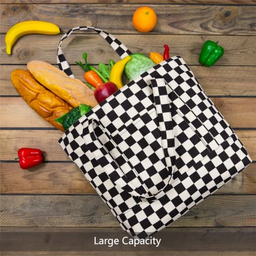 Image of TOPDesign 3-Pack Canvas Tote Bags with an External Pocket, Reusable Grocery Shopping Bags, Top Zipper Closure, Daily Essentials (Checkerboard)