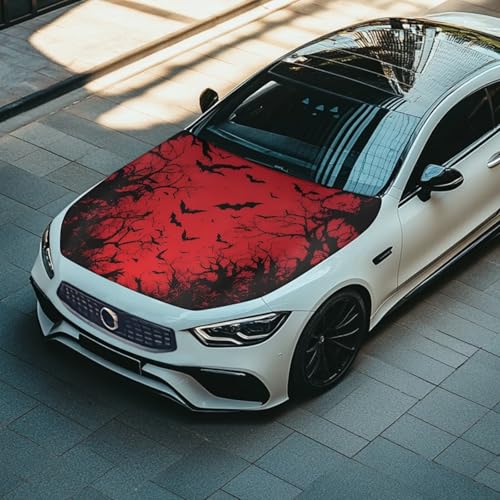 Image of Bat Print Car Hood Cover All Weather Protection Automotive Exterior Accessories Universal Fit Hood Covers for Cars, Trucks, SUV, or Van Full Coverage Halloween Decor