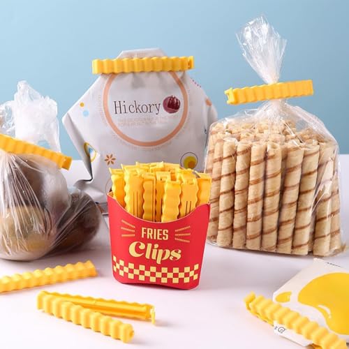 Image of Creative French Fries Snack Sealing Clips with Magnetic Storage Box - Crinkle Design Air-Tight Food Sealer for Kitchen Pouch, Chips, and Dry Fruits - Fridge Magnet Holder (12, Yellow)