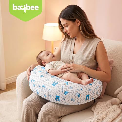 Image of BAYBEE Feeding Pillow for New Born Baby with Foldable Breastfeeding Cover | Feeding Cover for Nursing Mom with Adjustable Velcro & Back Support | Nursing Pillow with Removable & Washable (White Blue)