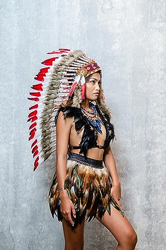 Native American Inspired Headdress - Handcrafted with Genuine Feathers and Beads