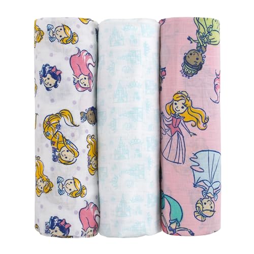 Image of Disney Princesses Pink, Aqua, Lavender, Green, and White 3 Piece Muslin Swaddle Baby Blanket Set