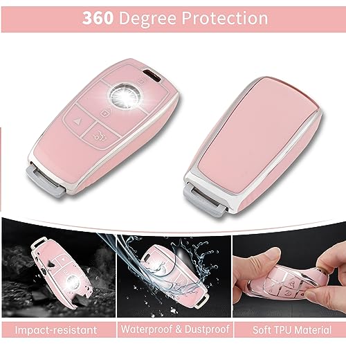 Image of Pangpai Pink Key Fob Cover for Mercedes Benz, Soft TPU Key Case Protection with Bling Keychain Fit for A-Class C-Class G-Class 2017-2020 E-Class S-Class