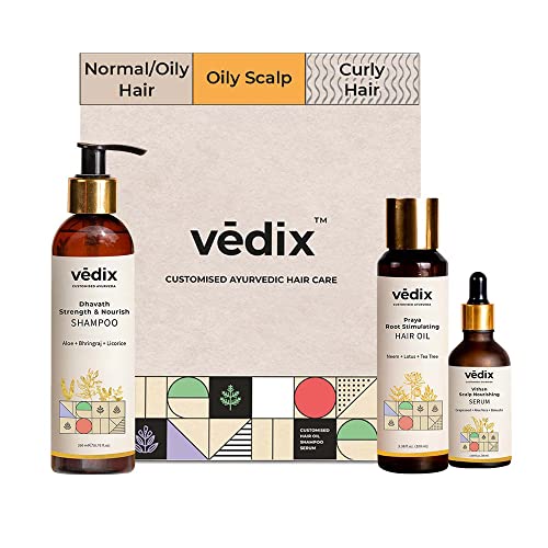Vedix Ayurvedic Hair Care Set for Normal-Oily Hair | Customized for Oily Scalp & Curly Hair | Hair Oil (3.38 Fl Oz) + Shampoo (6.76 Fl Oz)+ Hair Serum (1.69 Fl Oz) - 3 Product set