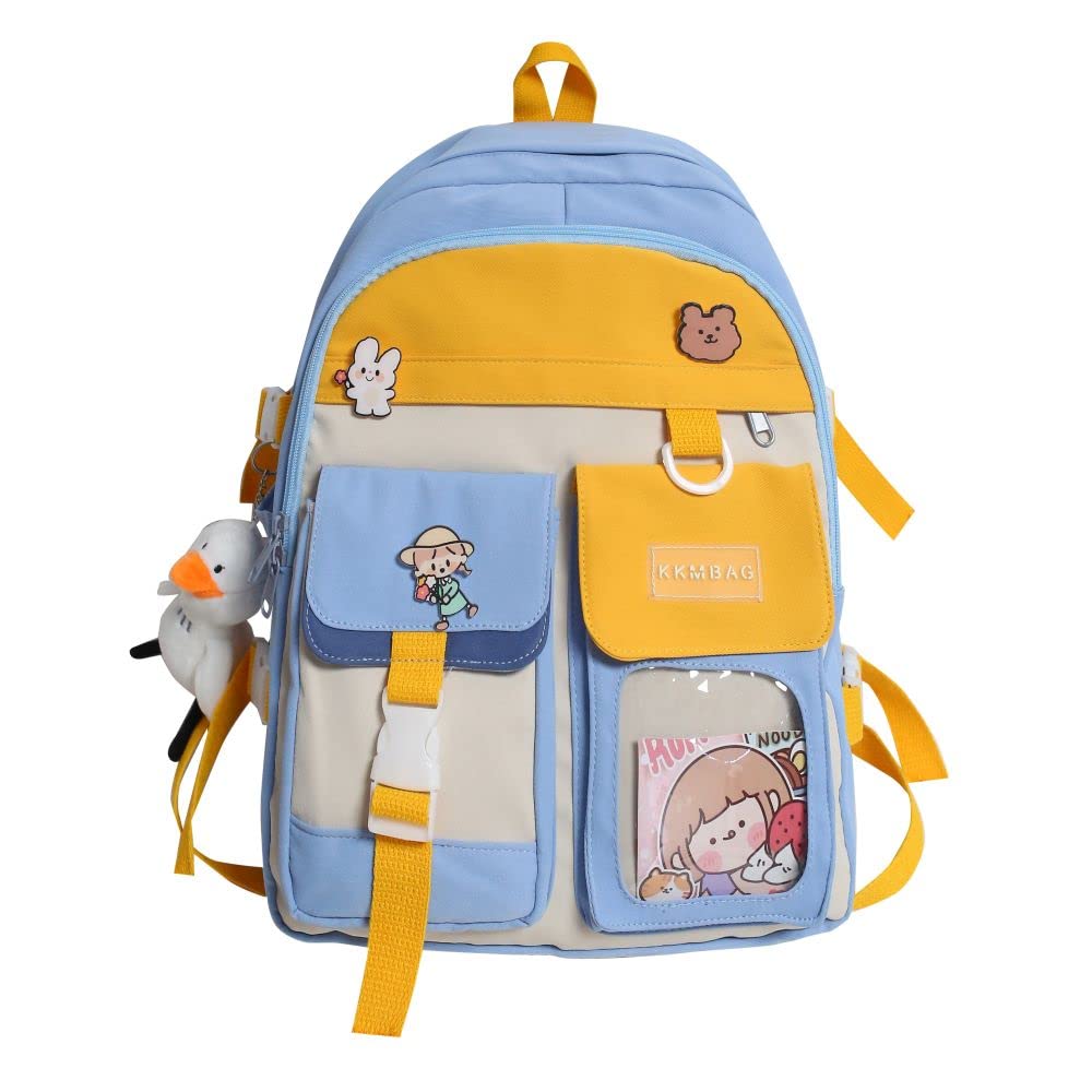 GLIGLITTRKawaii Backpack for School Aesthetic Bookbag Cute Anime Backpacks for Girls Kids Shoulder Bag College Students Bag(Blue&Yellow)