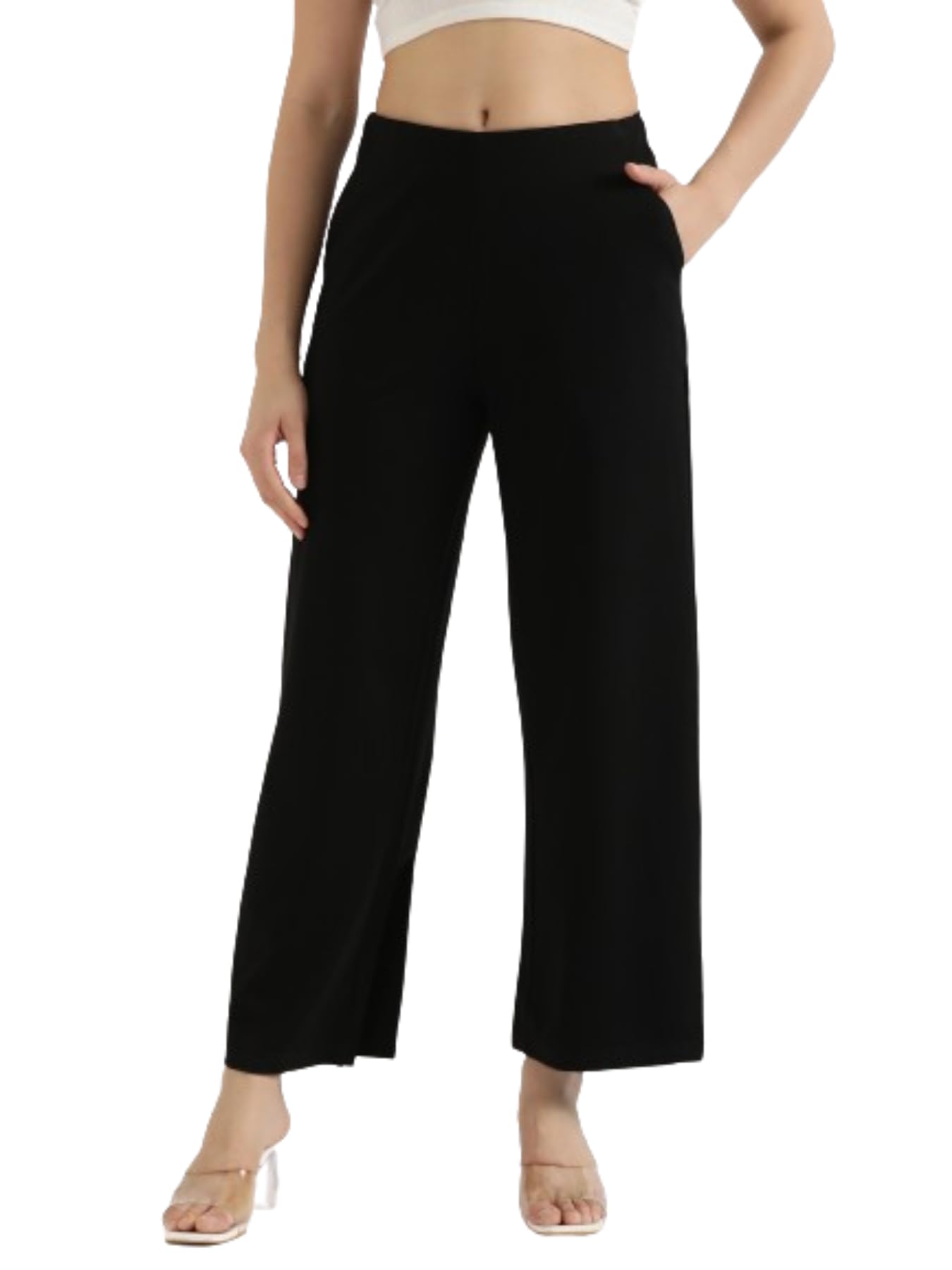 Wide Leg Pants, High Waist Stretchable Regular Fit Women Grey Trousers for Formal, Casual & Office Wear-image-5