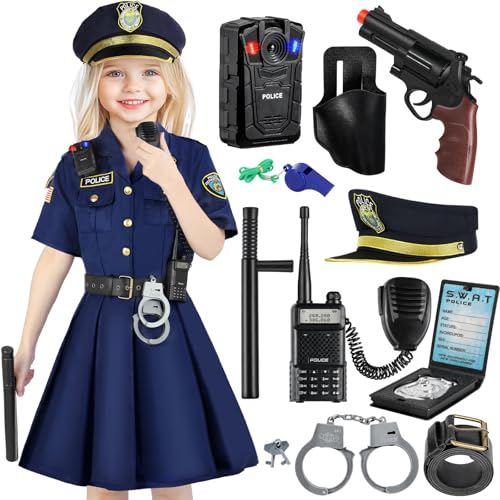 Lubolee Disfarce de polícia para meninas com saia de agente feminino, boné de polícia, cinto e acessórios de polícia - disfarce ideal menina carnaval, Halloween, cosplay e festas de aniversário (S)