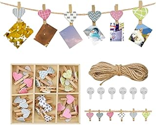 SPEACOUR Photo Hanging String and Pegs Set, 48 PCS Mini Wooden Pegs Clips Wooden Photo Clips Tiny Mini Clothespins Love Heart Pegs with 10m Jute Twine, 6 Traceless Nails for Hanging Picture Paper Memo