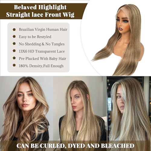 Image of Belaved Ombre Ash Brown Lace Front Wigs Human Hair HD Frontal Wig Human Hair Dark Brown Roots Pre Plucked Glueless 180% Density Seamless Highlights 13x6 Straight for Women 20 Inch 6T6P18
