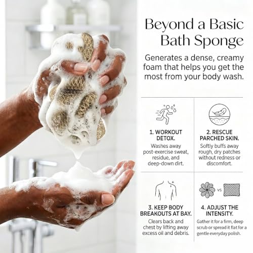 Image of UJFQBH African Net Sponge Authenti, Exfoliating Body Scrubber for Back and Hard to Reach Areas, Gentle Daily Exfoliation for Deep Cleansing, Quick Drying Shower Essential, Aqua Grey 3 Pack