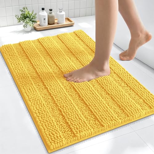 Image of Smiry Thick Small Chenille Bathroom Rugs 24x16, Absorbent Bath Mat, Yellow