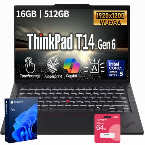 Image of Lenovo ThinkPad T14 FHD+ Touch Business AI Laptop, Intel Core Ultra 5 225U | 16GB DDR5 + 512GB SSD, 14 inch Touchscreen, Backlit Keyboard, Fingerprint, Thunderbolt 4, 5MP RGB Camera, Wi-Fi 6E, Win 11 Pro