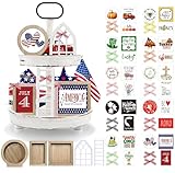 nuvagiki Interchangeable Seasonal Tiered Tray Decor Set, Farmhouse Holiday Wooden Sign Kit with Frames, Ladder & Arch, Year Round Home Decorations for Bee Spring Summer Patriotic (Tray Not Included)
