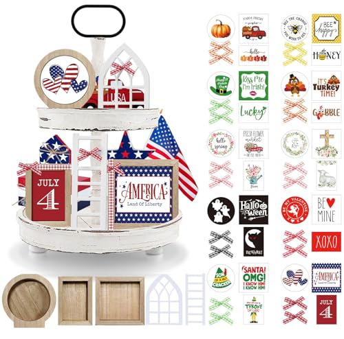 nuvagiki Interchangeable Seasonal Tiered Tray Decor Set, Farmhouse Holiday Wooden Sign Kit with Frames, Ladder & Arch, Year Round Home Decorations for Bee Spring Summer Patriotic (Tray Not Included)