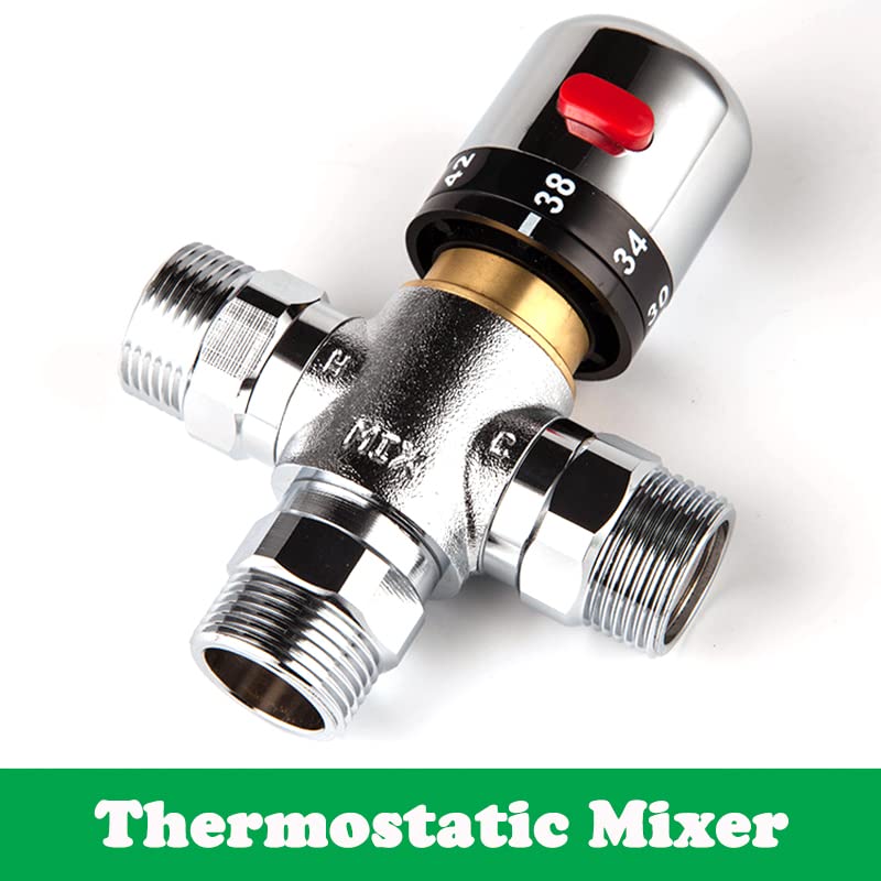 Válvula de mezcla termostática de 2 piezas, válvula termostática de latón sólida de 19,8 mm 3 vías de la válvula de mezcla de agua del agua Tubo Termostato Control de termostato Plata