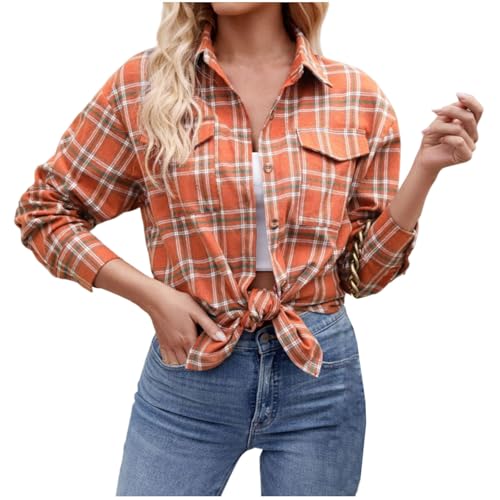Keepink Damen-Hemden, kariert, klassisch, Knopfleiste, langärmelig, Oversize-Bluse, Tops mit Taschen, Flanell, kariert, Shacket Jacke,...