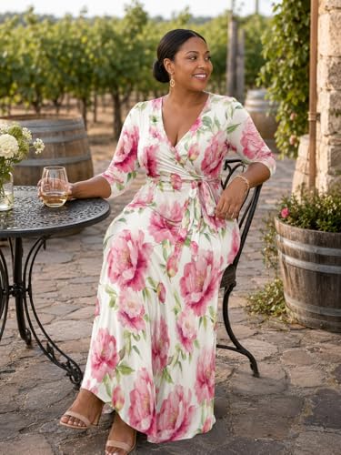 Image of SUZONANA Plus Size Dresses for Women Floral Print Maxi Dress Flowy 3 /4 Sleeve with Belt