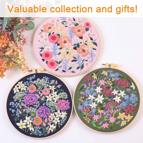 Image of REEWISLY S162+164+165 3pcs Embroidery Starter kit with Patterns and Instructions, DIY Adult Cross Stitch Kits Beginner, Including 3 Plastic Embroidery Rings, 1 Scissors, Colored Threads and Needles