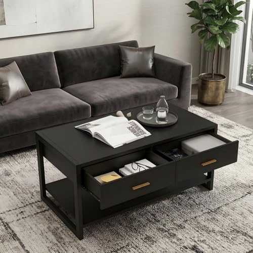 Image of Multi-Functional Coffee Table with Foot-Sensor Light, 2 Large Drawers & Open Shelf, Sturdy Frame Versatile Coffee Table with Vintage Metal Handle for Living Room /Office /Outdoor Patio
