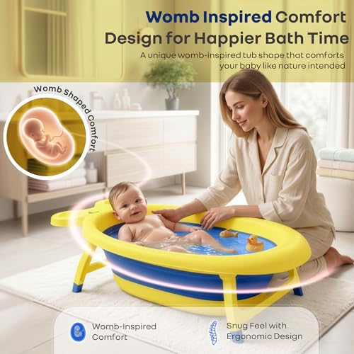 Image of R for Rabbit Bubble Double Finzy Baby Bath Tub Foldable for Kids 9 Months-3 Years | Womb Cocoon Bathtub Design | Anti-Skid Base | Quick Drain Plug | Space Saving Pool Bather with Tray (Yellow Blue)