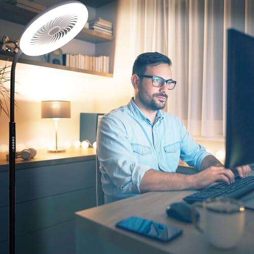 Image of Floor Fan with RGB Lights and Remote, 3 Speeds Standing Floor Lamps with Button, Vertical LED Fan, 3000K-6500K Stepless Dimming for Office Kid Room Bedroom, Adjustable Height