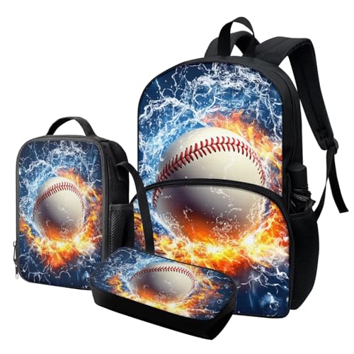 Softball Backpack for Kids 5-7 Lightweight Kids Backpack Cool Fire Teen Bookbag with Lunch Box Set 3pcs 17 Inch Teens School Bags for Kindergarden Preschool Casual Travel Daypack Rucksack2