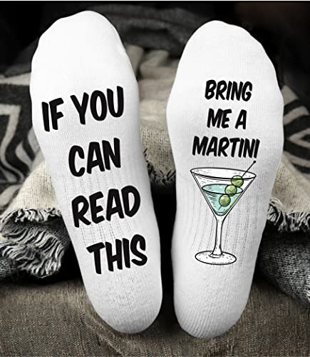 Designs By Kary Funky Fun Martini White Socks With Sayings: Handcrafted Delights For All Ages, Versatile Sizing For Sizes 6-14, Comfort & Durability, Beverage Themed Collection- Bring Me A Martini For Men And Women thumb #1