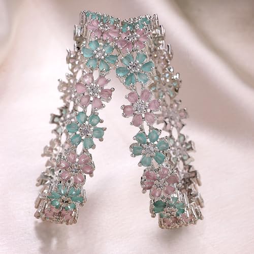 Image of ZENEME Rhodium Plated Silver Toned Floral Shaped American Diamond Studded Bangles Set Of 2 For Women & Girls