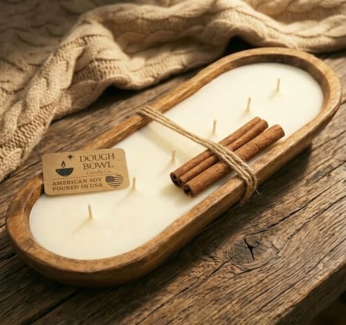 Dough Bowl Candle Co. Warm Cinnamon Buns Soy Candle - 6 Wick Rustic Farmhouse Coffee Table Decor, Odor Eliminator in Wooden Bowls, 32 Oz Wooden Dough Bowl Candle, All-Natural Gifts for Women and Men