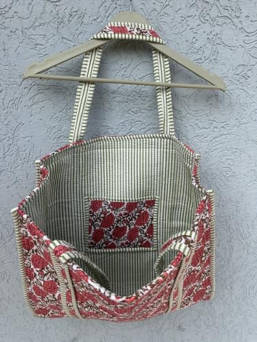 Image of Quilted Cotton Hand printed Reversible Large multicolor cotton Tote Bag,Indian Handmade Block Printed Tote Bag Women Handbag