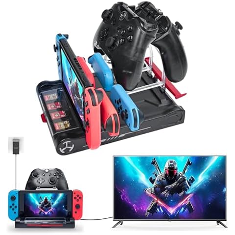 Switch TV Dock Station with Joycon Controller Charger for Switch/Switch OLED, Switch Charger Docking Station Support 4K/1080P HDMI, RGB Light & 3 USB Ports, Storage 8 Game Cards, Pro Controller Cover
