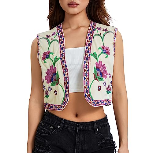 Image of Women Vintage Floral Embroidered Vest Y2K Sleeveless Open Front Cardigan Boho Linen Cropped Waistcoat