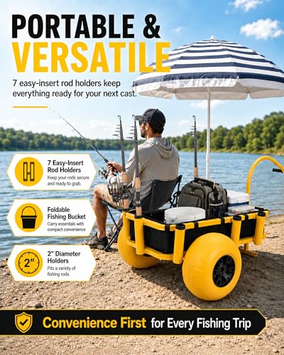 Image of PYY Beach Fishing Cart - 550LB Load Capacity Fishing Cart with Reinforced Frame, 13 inch Big Wheels PU Balloon Tires for Sand, Fishing Wagon with 7 Rod Holders, Foldable Bucket for Beach, Lake (Yellow)