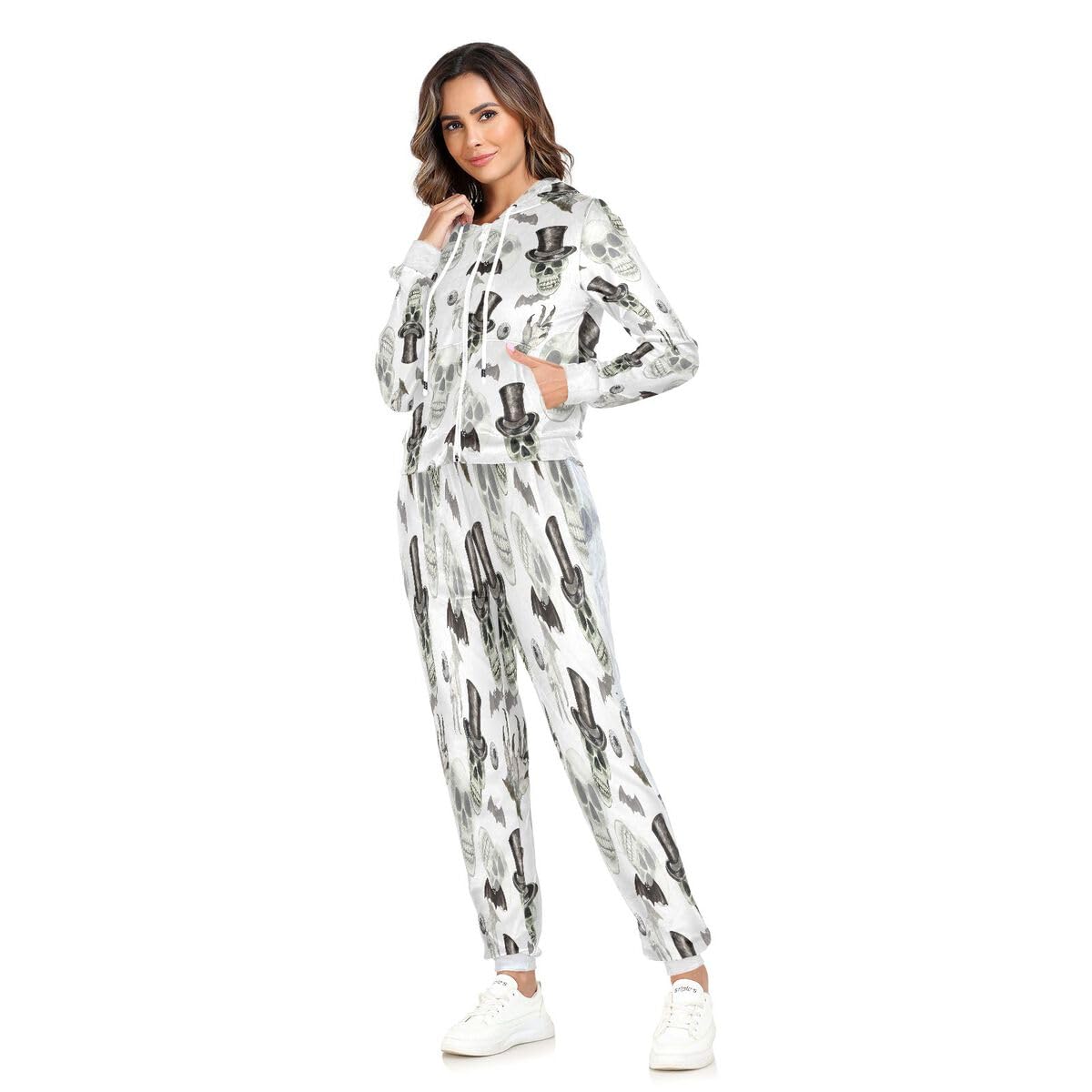 Conjunto deportivo de 2 piezas para mujer, diseño de calavera y acuarela, conjunto deportivo de manga larga para Halloween, murciélagos góticos