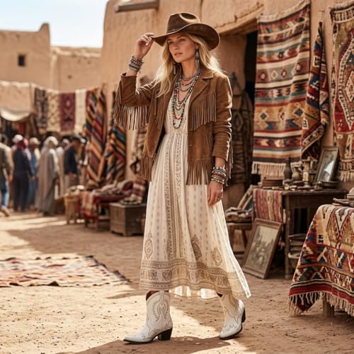 Image of HOCHFART Western Boots for Women Metallic Embroidered Pointed Toe Cowgirl Boots Chunky Heel Pull-On Short Cowboy Boots Wide Calf Country Ankle Boots