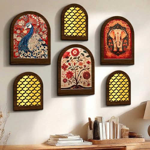 Image of Jharokha MDF Mirrors Home Decoration Items | Traditional Wall Decor Items for Living Room | Mirror Wall Hanging | Home Decor Items for Bedroom Office Set of 6 (9x12 inch & 7.5x9.5 inch)