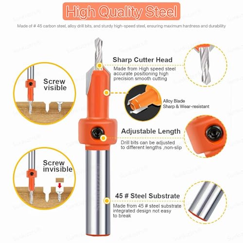 Image of Sunkizzrs 12-Pcs Countersink Drill Bit Set for Woodworking-10mm Aperture -5 /16 inchRound Shank with Extra Pilot Drill Bit & 10mm Dia Hole Punching Tool & Adjustable Depth Stop Collar (2.8 /3 /3.2 /3.5 /4mm)