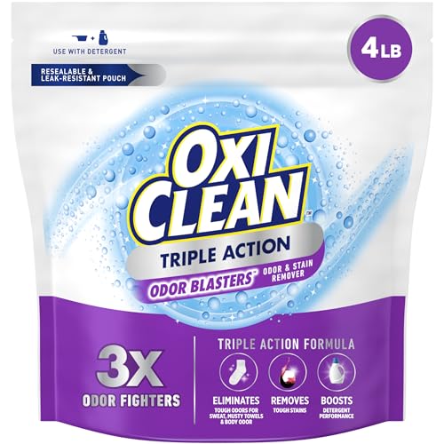 OxiClean Triple Action Odor Blasters Odor and Stain Remover Powder, Use with Detergent, Eliminates Tough Odors and Removes Stains, Color Safe and Chlorine Free, 4 lbs
